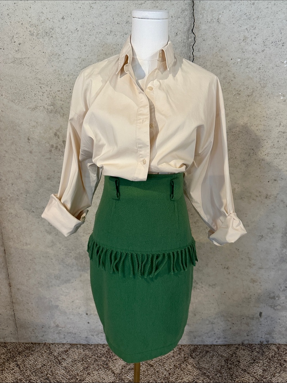 Vintage French High Waisted Green Skirt Parisian Minimalist Fringe Detail Size S
